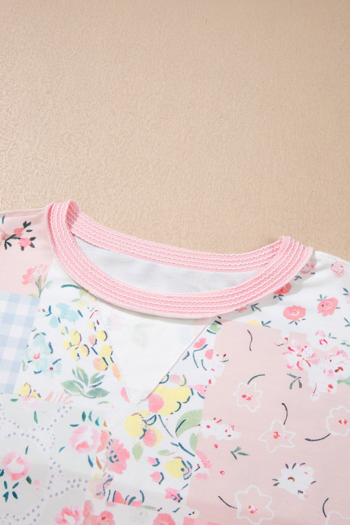 Pink Twisted Ribbed Trim Floral Print Patchwork Long Sleeve Top-Tops/Long Sleeve Tops-[Adult]-[Female]-2022 Online Blue Zone Planet