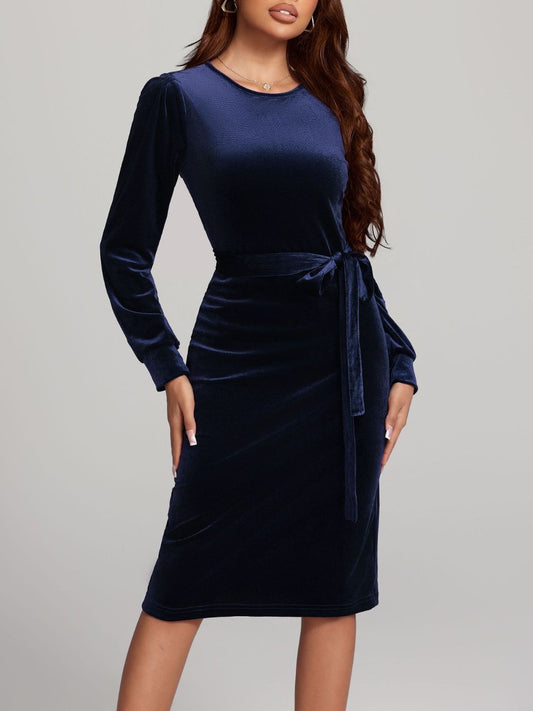 Blue Zone Planet | Round Neck Tie Waist Long Sleeve Velvet Dress-TOPS / DRESSES-[Adult]-[Female]-Navy-S-2022 Online Blue Zone Planet