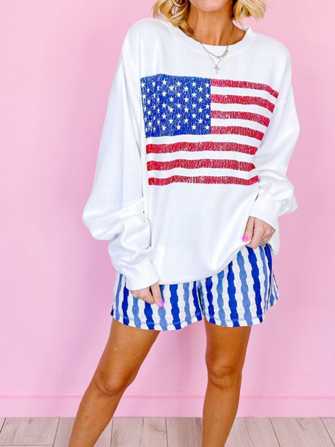 US Flag Round Neck Long Sleeve Sweatshirt-TOPS / DRESSES-[Adult]-[Female]-2022 Online Blue Zone Planet