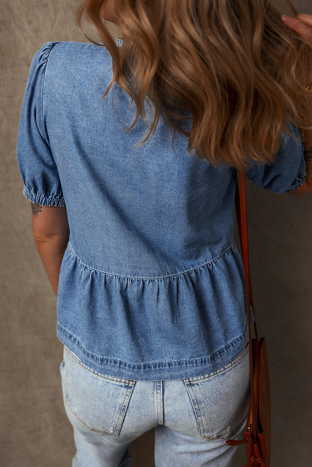 Blue Zone Planet | Dusk Blue Tied Front Bubble Sleeve Peplum Denim Shirt-Tops/Blouses & Shirts-[Adult]-[Female]-2022 Online Blue Zone Planet