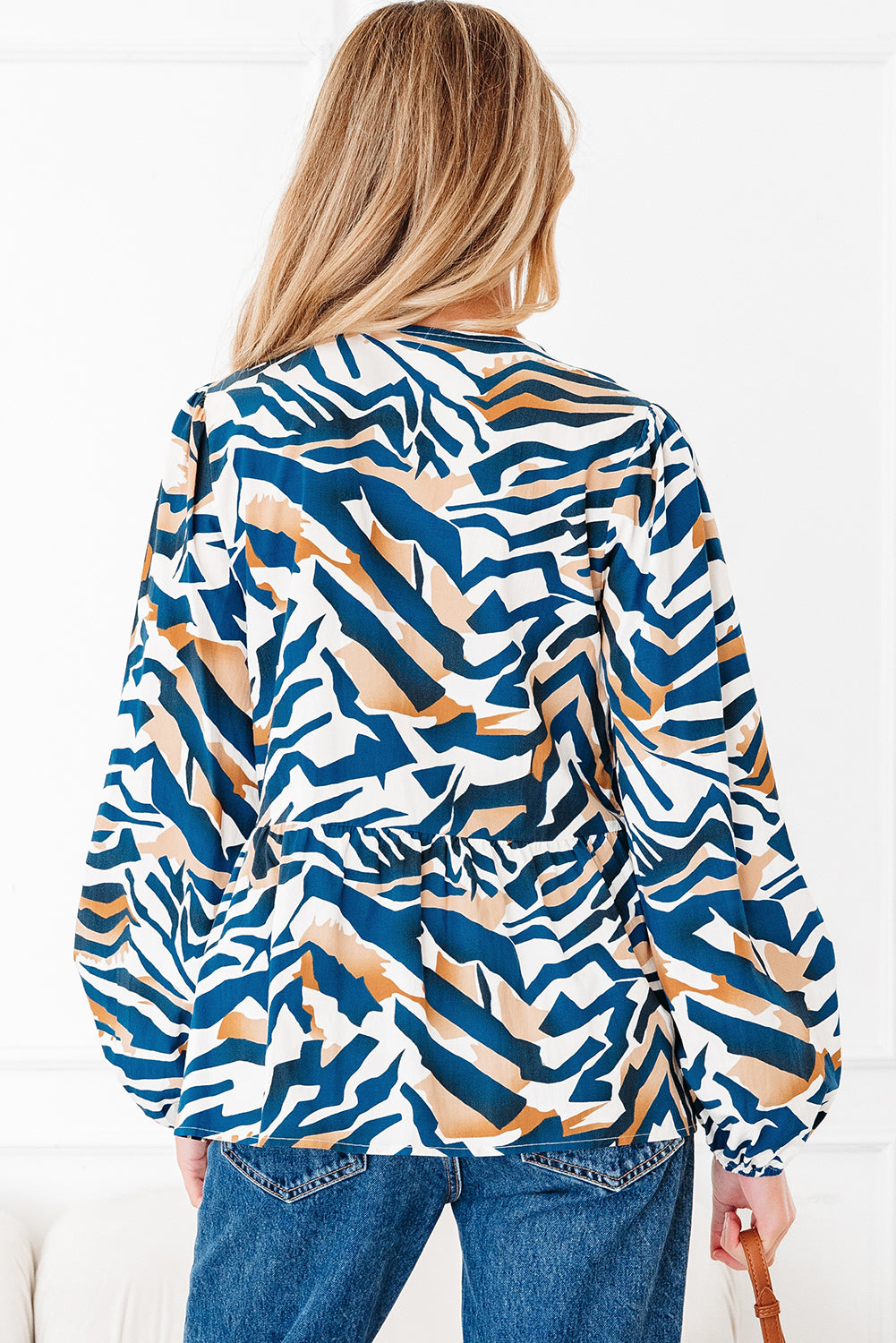 Blue Zebra Print Tied Front Puff Sleeve Top-Tops/Blouses & Shirts-[Adult]-[Female]-2022 Online Blue Zone Planet
