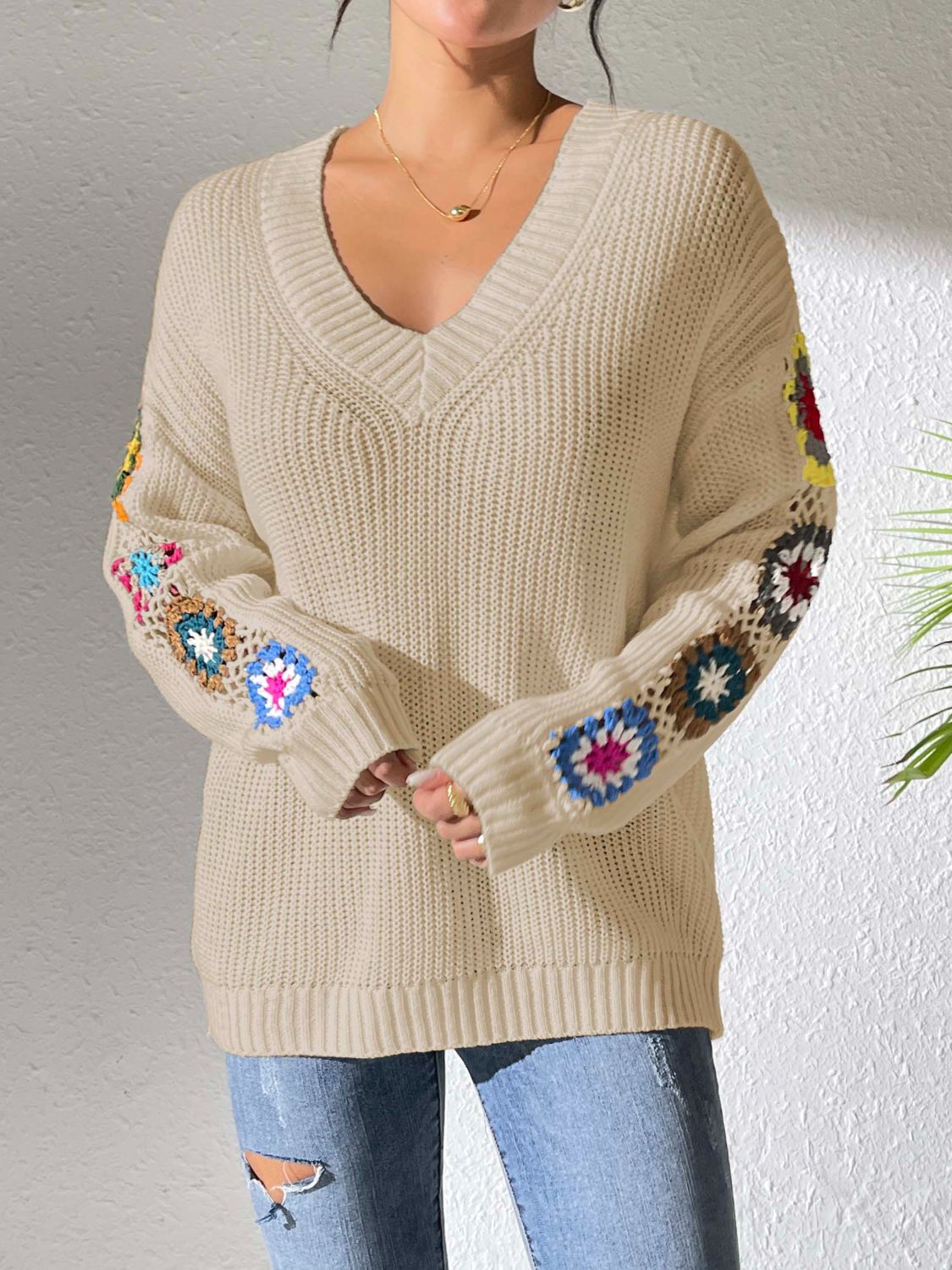 Blue Zone Planet | Crochet Flower V-Neck Sweater-TOPS / DRESSES-[Adult]-[Female]-Tan-S-2022 Online Blue Zone Planet