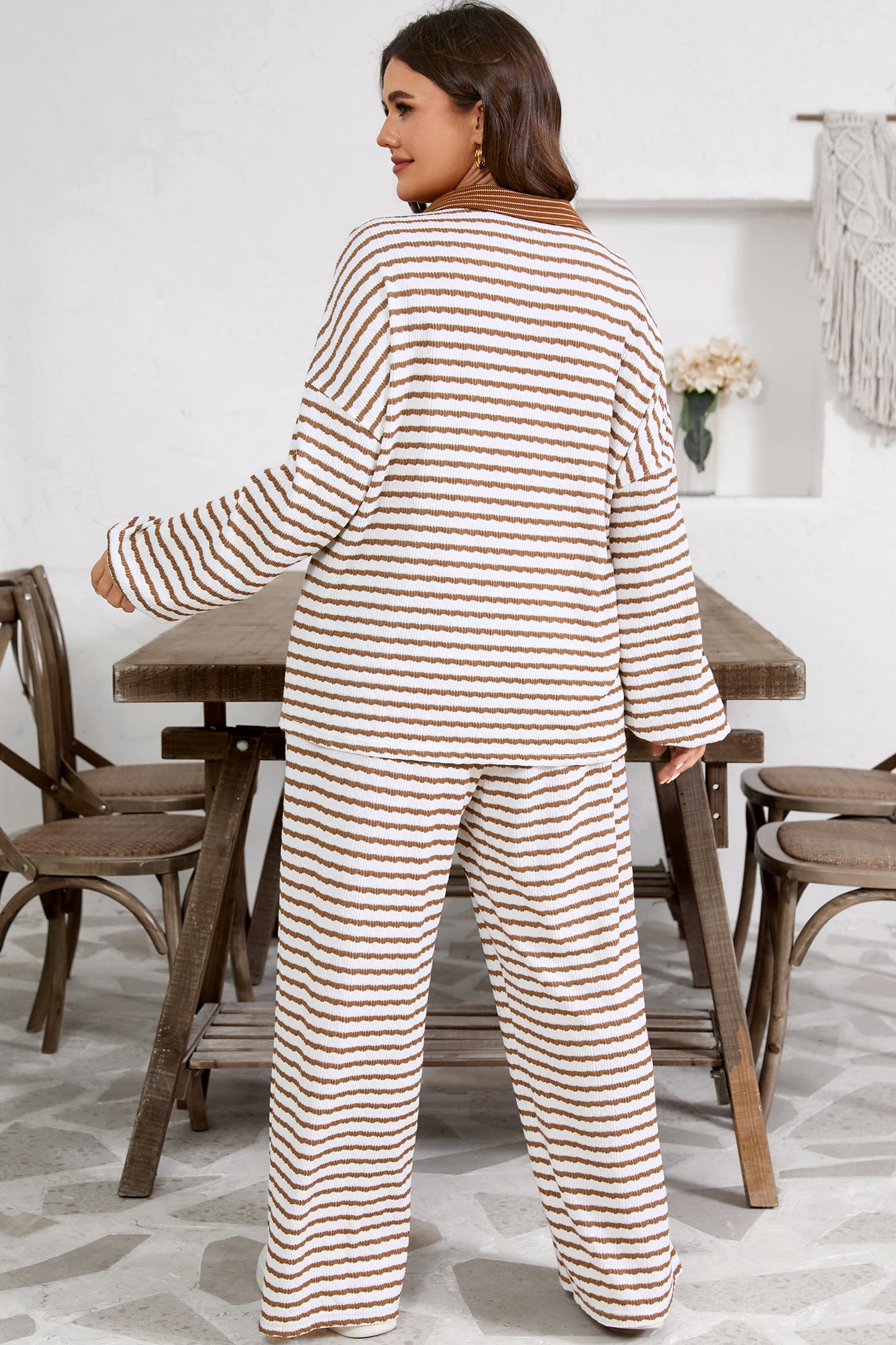 Khaki Stripe Plus Size Collared V Neck Loose Pullover Drawstring Elastic Waist Wide Leg Pant Set-Plus Size/Plus Size Loungewear-[Adult]-[Female]-2022 Online Blue Zone Planet