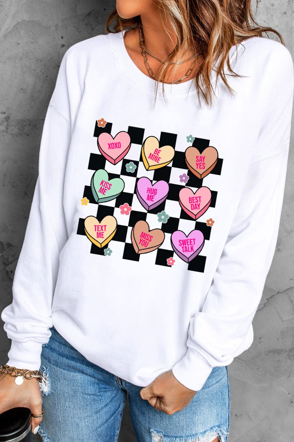 Blue Zone Planet | Valentine's Day Checkered Heart Long Sleeve Sweatshirt-TOPS / DRESSES-[Adult]-[Female]-2022 Online Blue Zone Planet