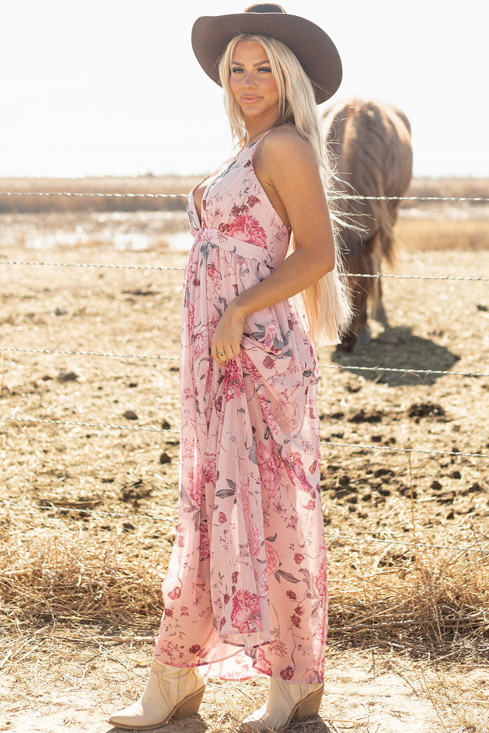 Pink Floral Pleated Bust Deep V Empire Waist Backless Maxi Dress-TOPS / DRESSES-[Adult]-[Female]-2022 Online Blue Zone Planet