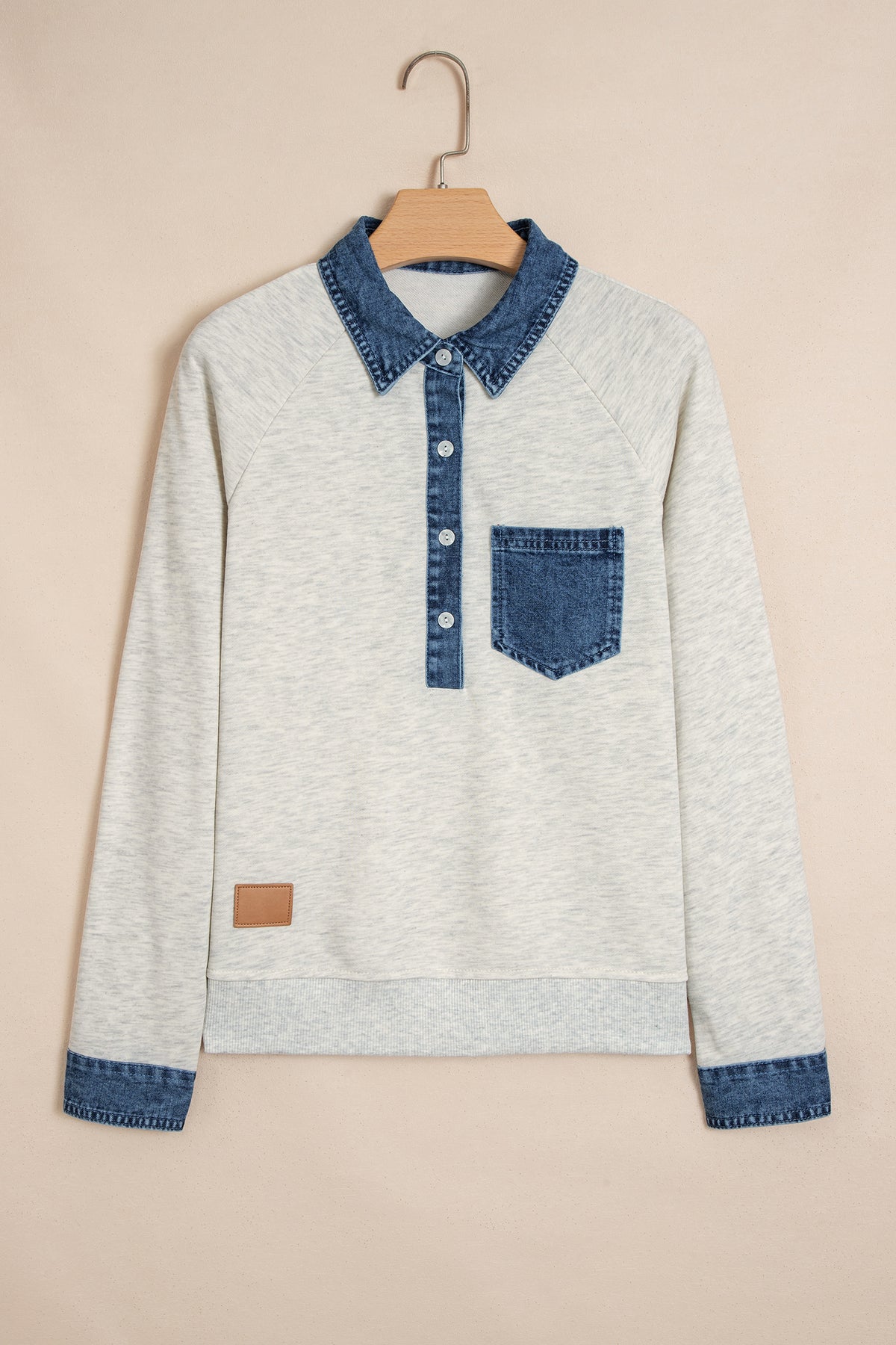 Gray Denim Collar Patchwork Long Sleeve Pullover Top-Tops/Long Sleeve Tops-[Adult]-[Female]-2022 Online Blue Zone Planet