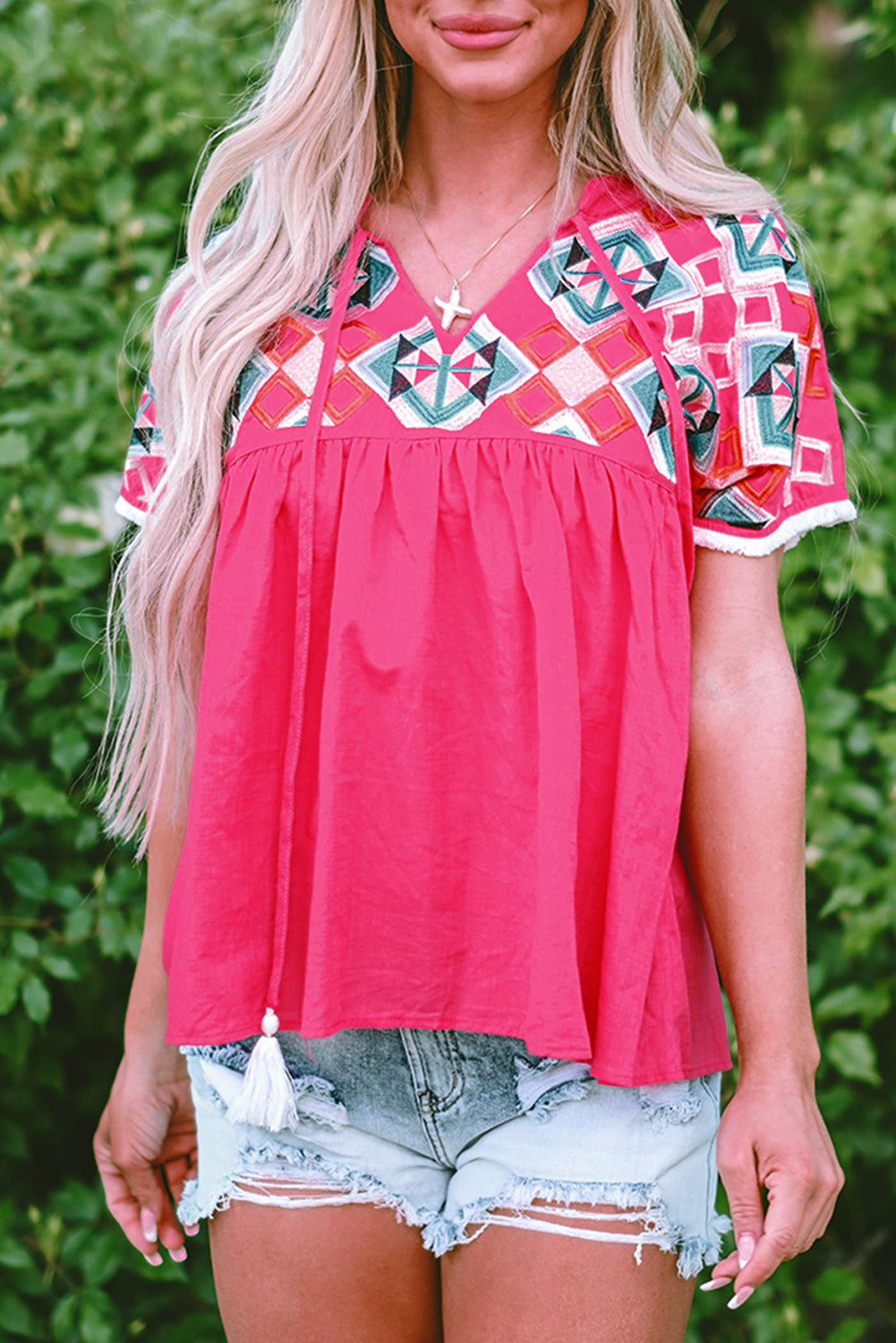 Strawberry Pink Geometric Embroidered Tassel Tie V Neck Blouse-Tops/Blouses & Shirts-[Adult]-[Female]-2022 Online Blue Zone Planet