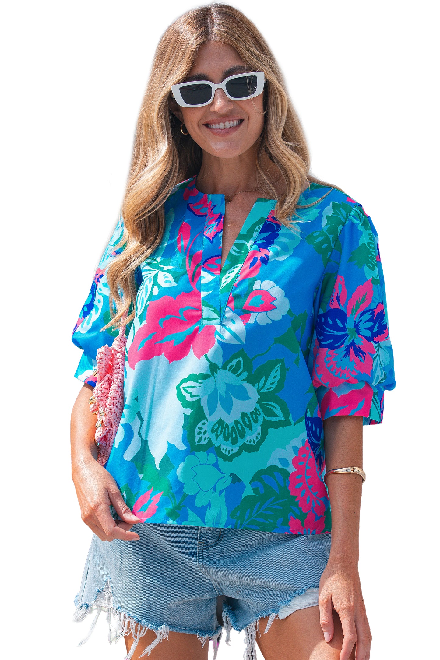 Sky Blue Floral Print V Neck Half Sleeve Blouse-Tops/Blouses & Shirts-[Adult]-[Female]-2022 Online Blue Zone Planet