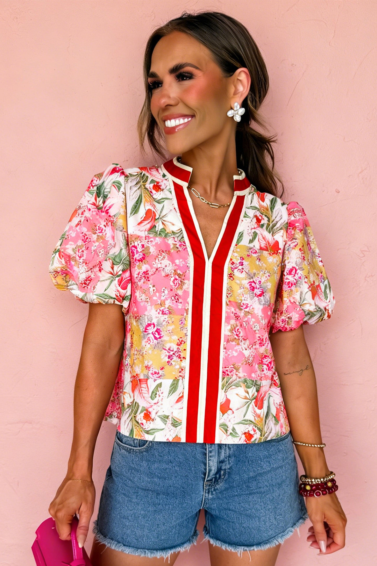 Pink Contrast Collared V Neck Short Sleeve Floral Blouse-Tops/Blouses & Shirts-[Adult]-[Female]-2022 Online Blue Zone Planet