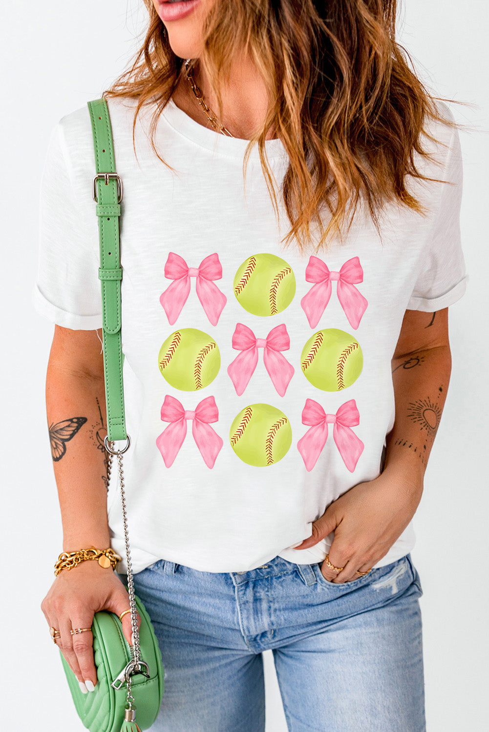 White Bow Tie Baseball Print Round Neck Casual Tee-Graphic/Graphic Tees-[Adult]-[Female]-2022 Online Blue Zone Planet