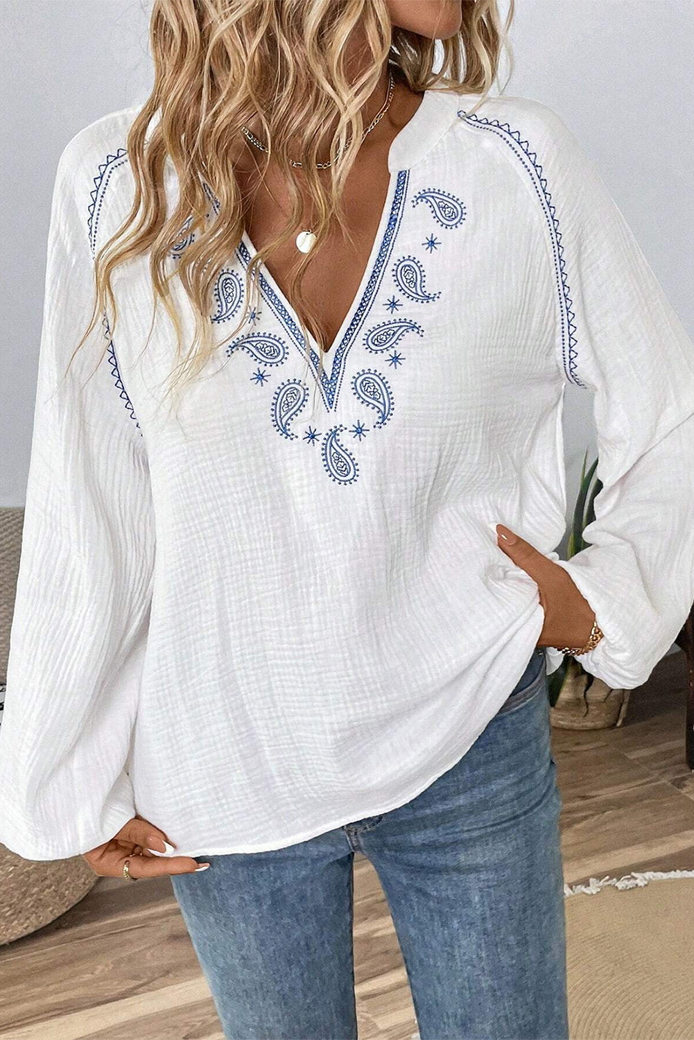 White Paisley Embroidered Crinkle Split Neck Blouse-Blouses-[Adult]-[Female]-2022 Online Blue Zone Planet