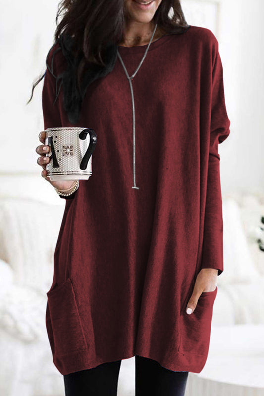 Fiery Red Sky Blue Longline Pocketed Top-Tops/Long Sleeve Tops-[Adult]-[Female]-Fiery Red-S-2022 Online Blue Zone Planet