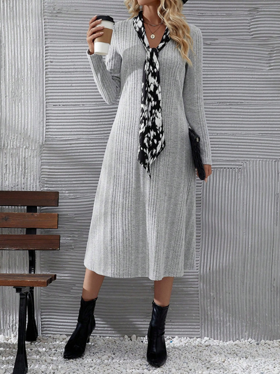 V-Neck Long Sleeve Midi Dress-TOPS / DRESSES-[Adult]-[Female]-2022 Online Blue Zone Planet