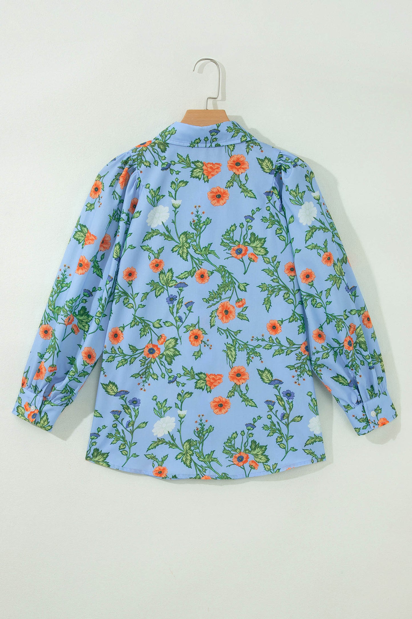 Sky Blue Floral Print Bracelet Sleeve Button Down Casual Shirt-Bracelet-[Adult]-[Female]-2022 Online Blue Zone Planet