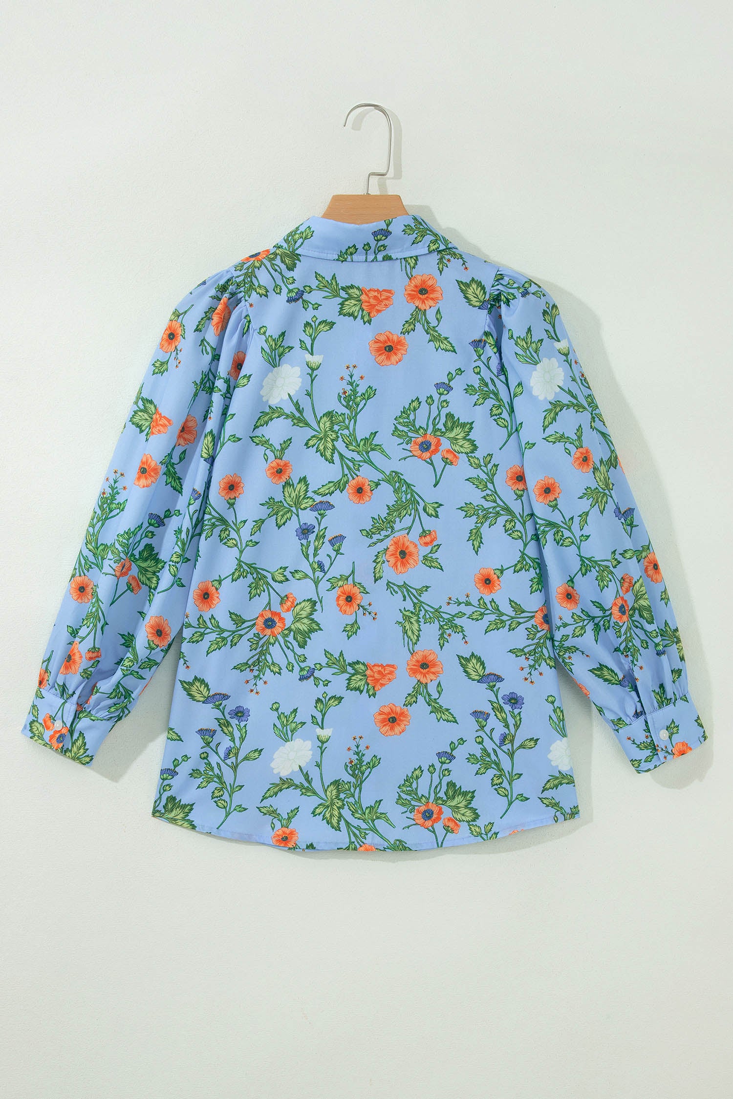 Sky Blue Floral Print Bracelet Sleeve Button Down Casual Shirt-Bracelet-[Adult]-[Female]-2022 Online Blue Zone Planet