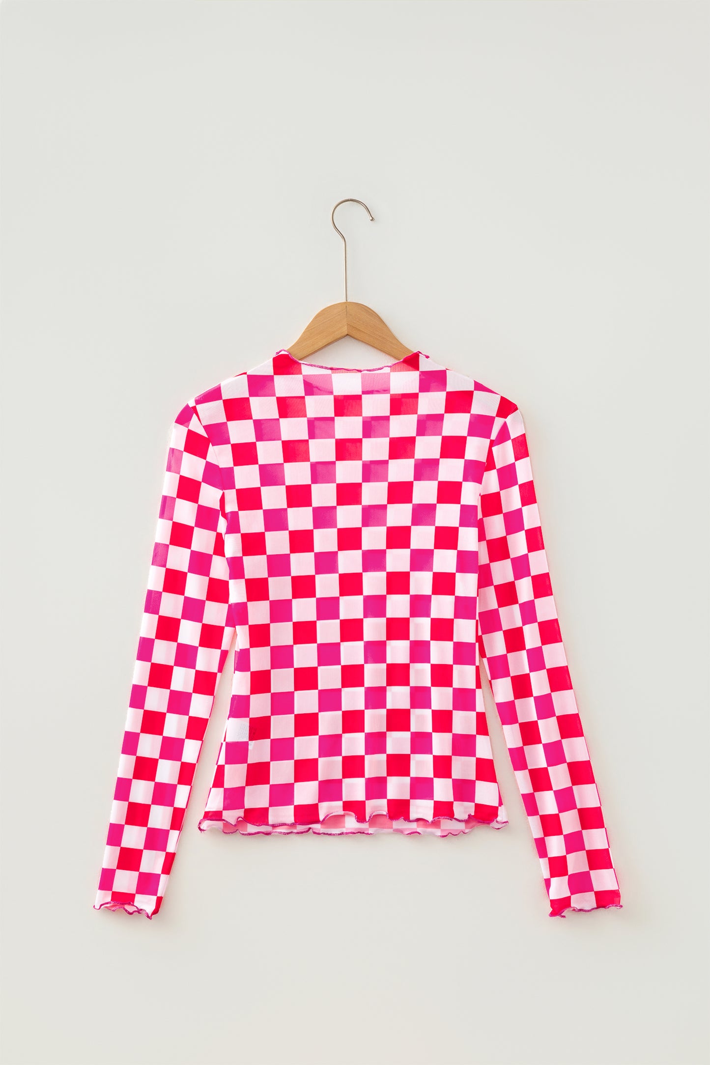 Rose Plaid Heart Mesh Sheer Long Sleeve High Neck Blouse-Tops/Long Sleeve Tops-[Adult]-[Female]-2022 Online Blue Zone Planet