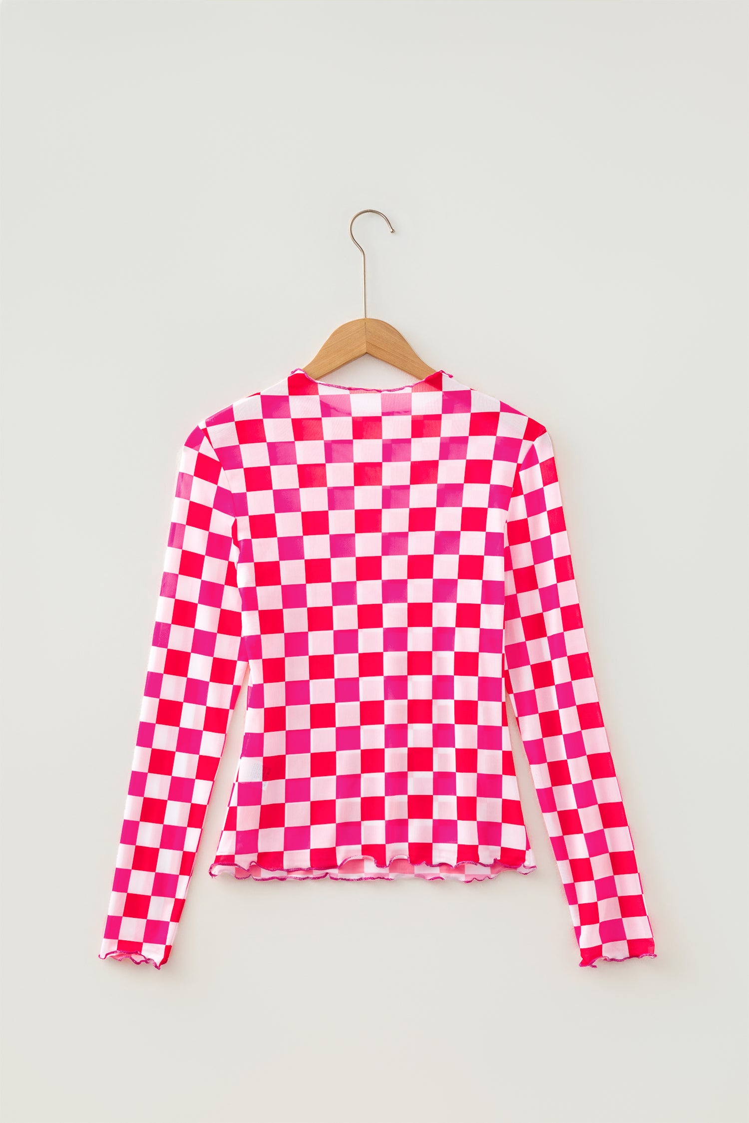Rose Plaid Heart Mesh Sheer Long Sleeve High Neck Blouse-Tops/Long Sleeve Tops-[Adult]-[Female]-2022 Online Blue Zone Planet