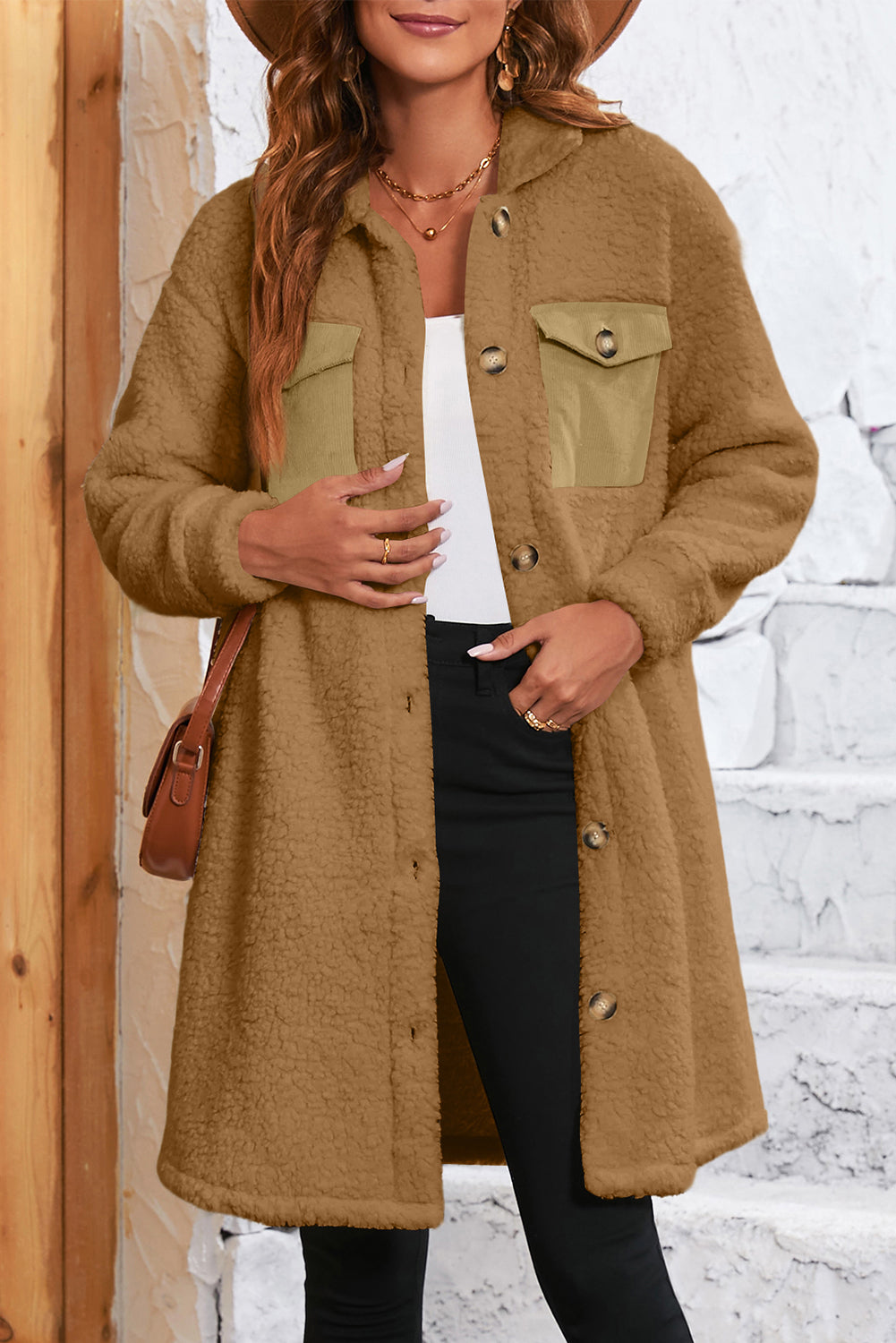 Khaki Contrast Flap Pocket Single Breasted Teddy Coat-Coats-[Adult]-[Female]-2022 Online Blue Zone Planet