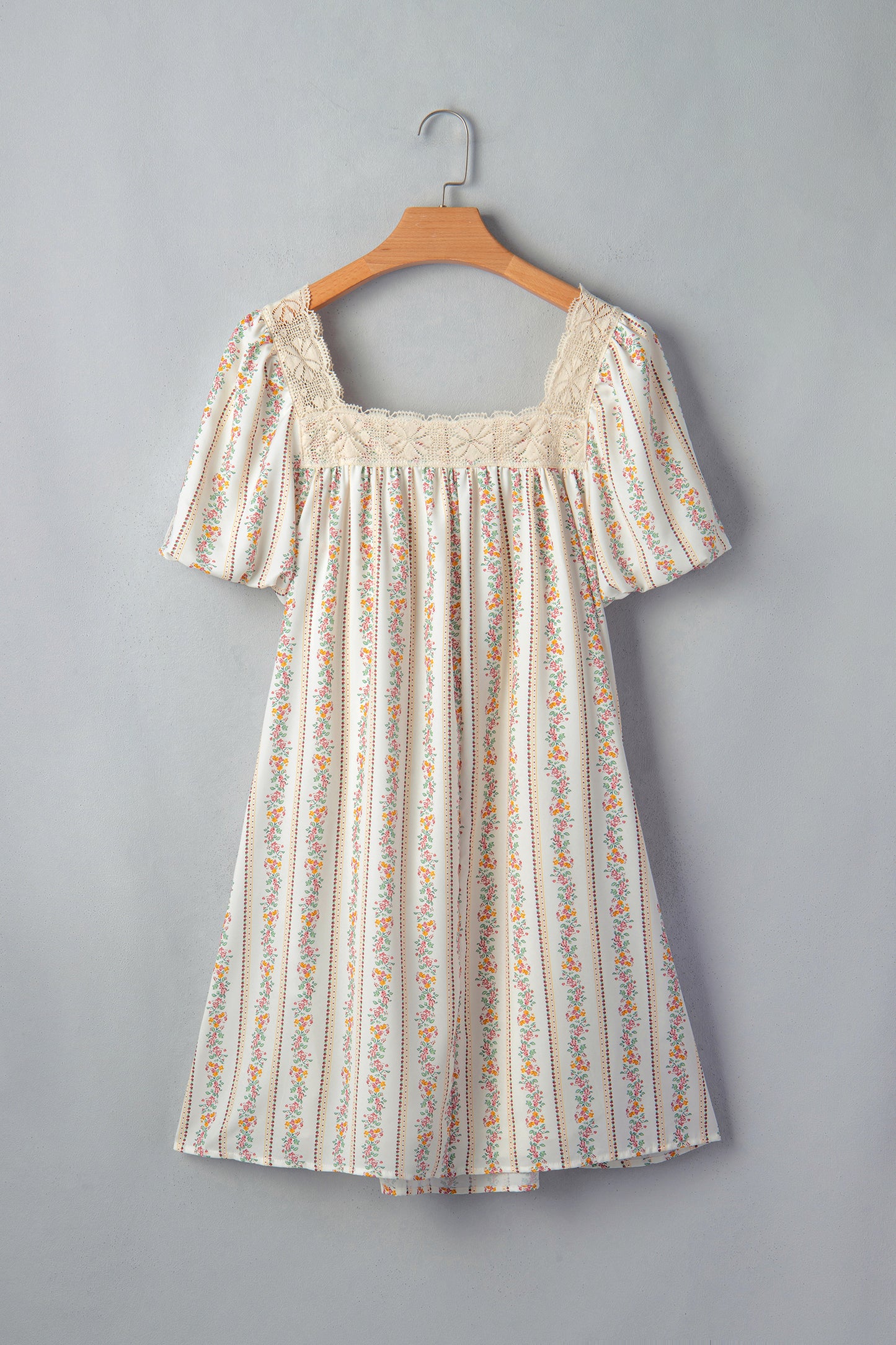 Multicolour Floral Print Contrast Ribbon Bow Lace Trim Square Neck Mini Dress-TOPS / DRESSES-[Adult]-[Female]-2022 Online Blue Zone Planet
