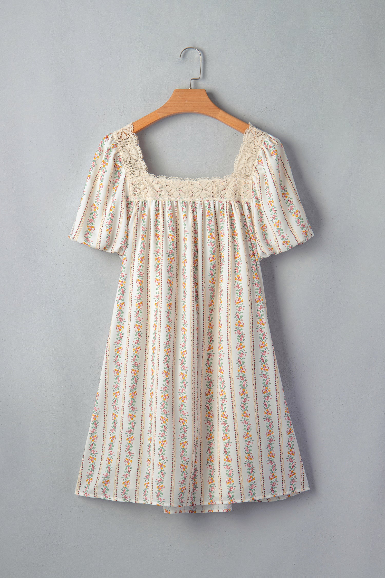 Multicolour Floral Print Contrast Ribbon Bow Lace Trim Square Neck Mini Dress-TOPS / DRESSES-[Adult]-[Female]-2022 Online Blue Zone Planet