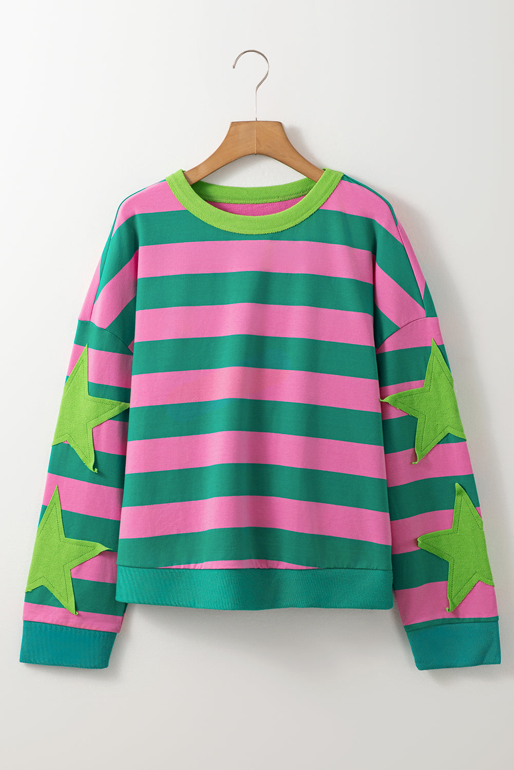 Blue Zone Planet | Pink Stripe Star Patchwork Round Neck Pullover Sweatshirt-Tops/Sweatshirts & Hoodies-[Adult]-[Female]-2022 Online Blue Zone Planet