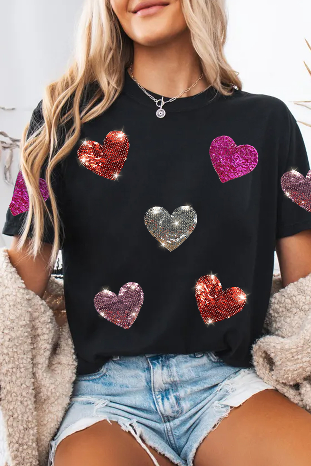 Black Sequin Heart Pattern Crewneck Valentines Tee-Graphic Tees-[Adult]-[Female]-2022 Online Blue Zone Planet