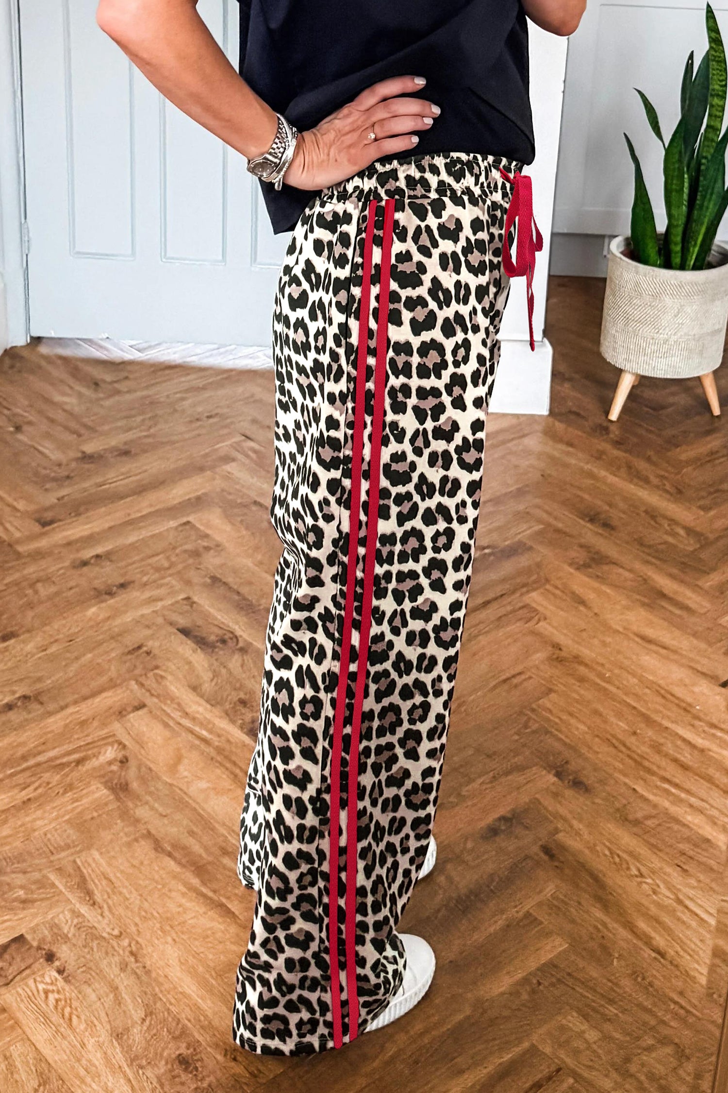 Rose Side Stripe Leopard Wide leg Trousers-Bottoms/Pants & Culotte-[Adult]-[Female]-2022 Online Blue Zone Planet