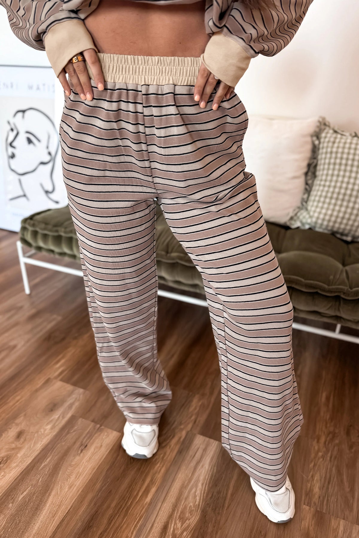 Khaki Stripe Contrast Trim Long Sleeve Top Elastic Waist Pants Set-Two Piece Sets/Pant Sets-[Adult]-[Female]-2022 Online Blue Zone Planet