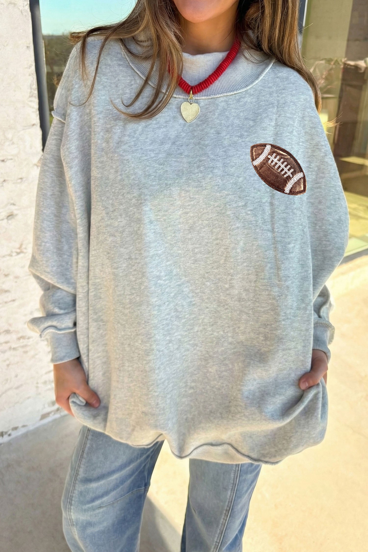 Light Grey Football Patch Sequin Game Day Lettering Mock Neck Tunic Sweatshirt-Graphic/Graphic Sweatshirts-[Adult]-[Female]-2022 Online Blue Zone Planet