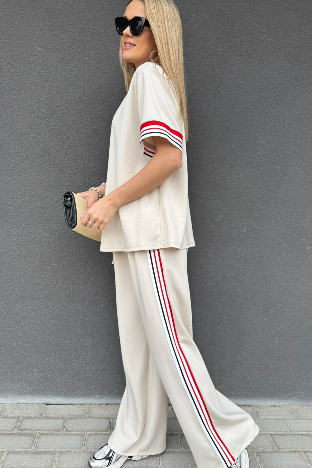 Jet Stream Contrast Striped Trim Crewneck T Shirt Loose Straight Pants Set-Two Piece Sets/Pant Sets-[Adult]-[Female]-2022 Online Blue Zone Planet