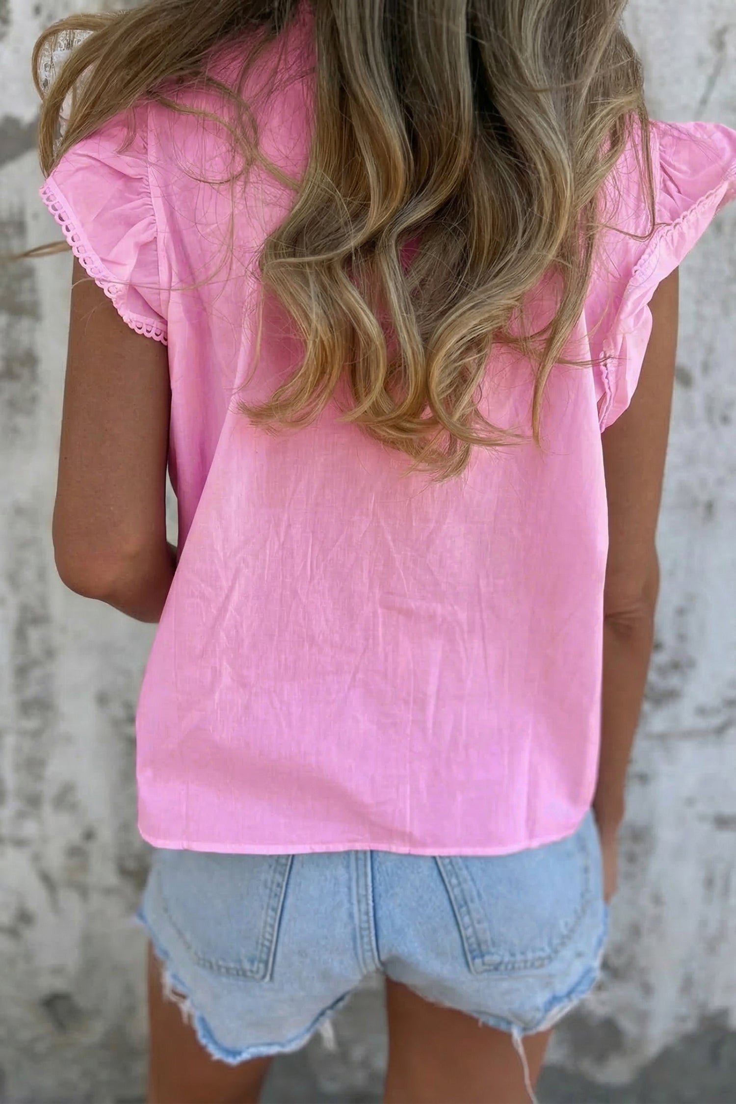 Bonbon Lace Detail Flutter Sleeve Pleated Round Neck Blouse-Tops/Blouses & Shirts-[Adult]-[Female]-2022 Online Blue Zone Planet