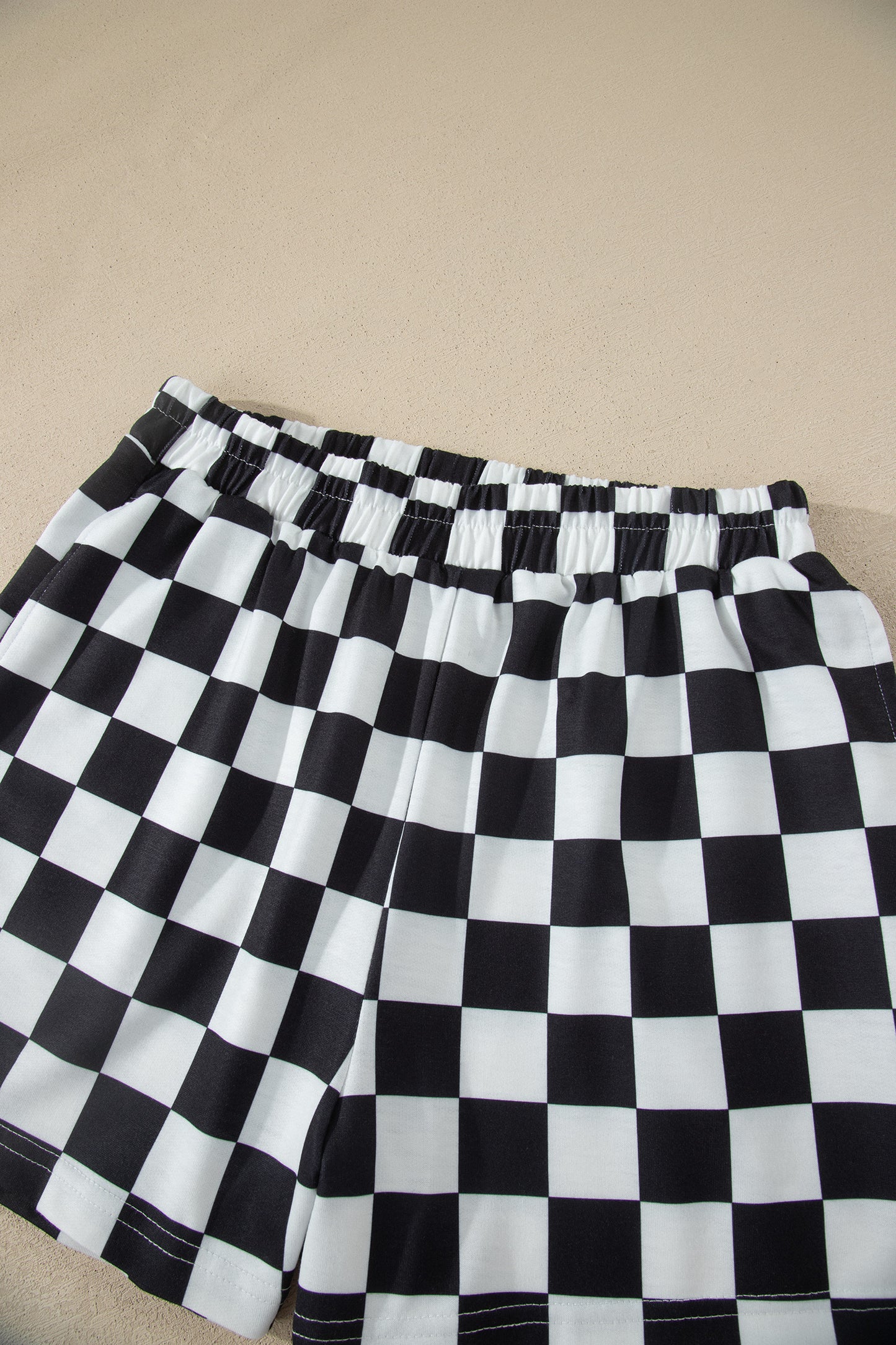 Pink Checkered Print Color Block Trim Mock Neck Short Set-Two Piece Sets/Short Sets-[Adult]-[Female]-2022 Online Blue Zone Planet