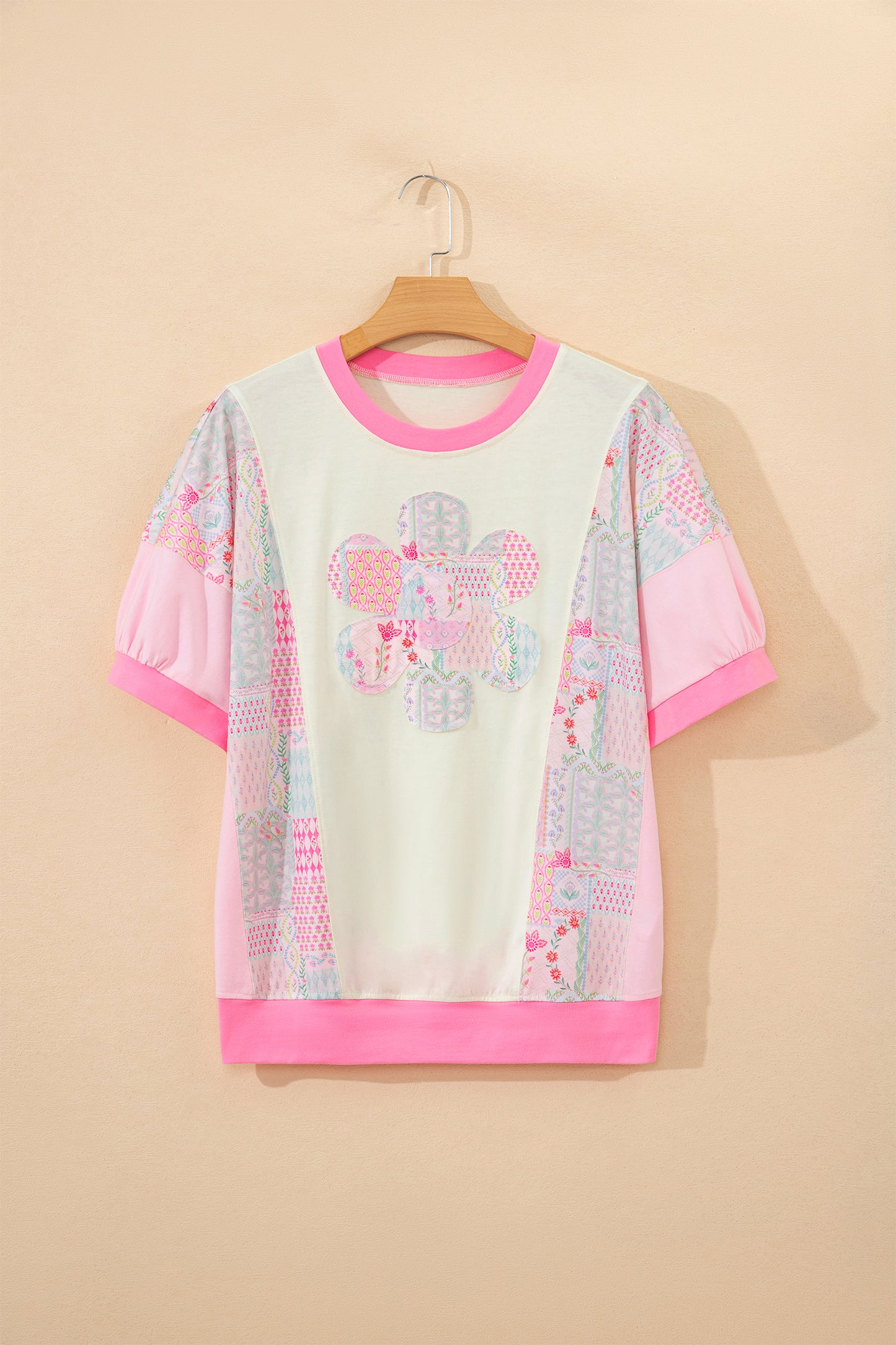 Beige Color Block Floral Patchwork Big Flower Accent Relaxed Top-Tops/Tops & Tees-[Adult]-[Female]-2022 Online Blue Zone Planet