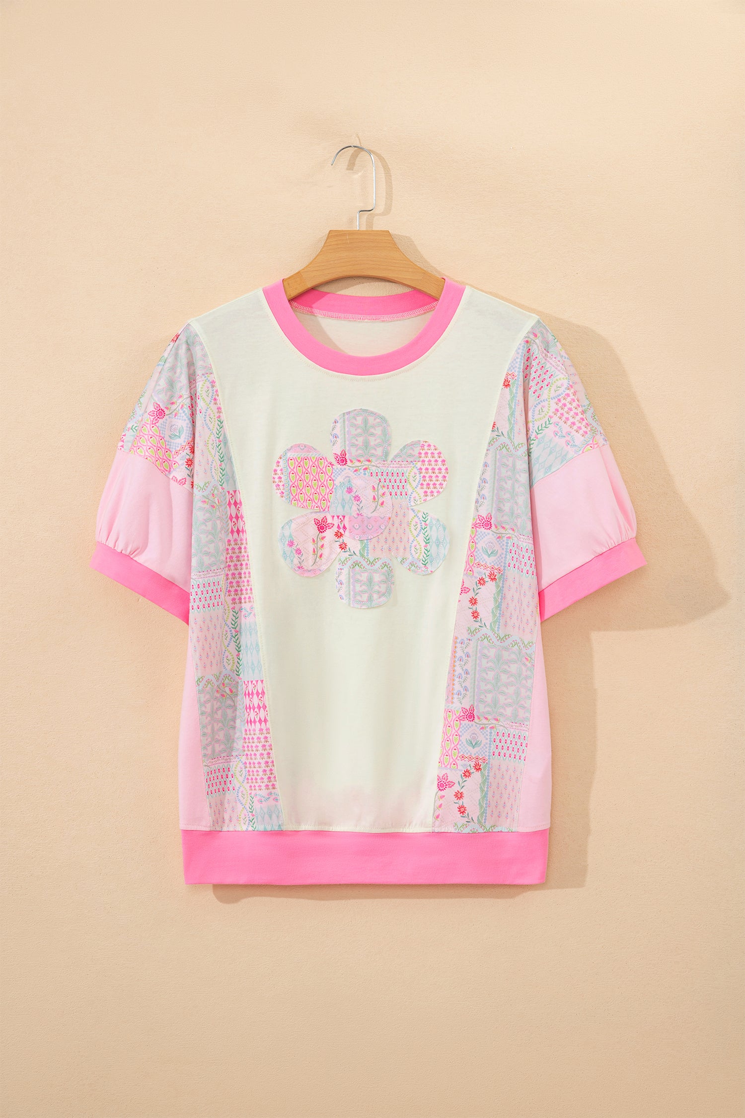 Beige Color Block Floral Patchwork Big Flower Accent Relaxed Top-Tops/Tops & Tees-[Adult]-[Female]-2022 Online Blue Zone Planet