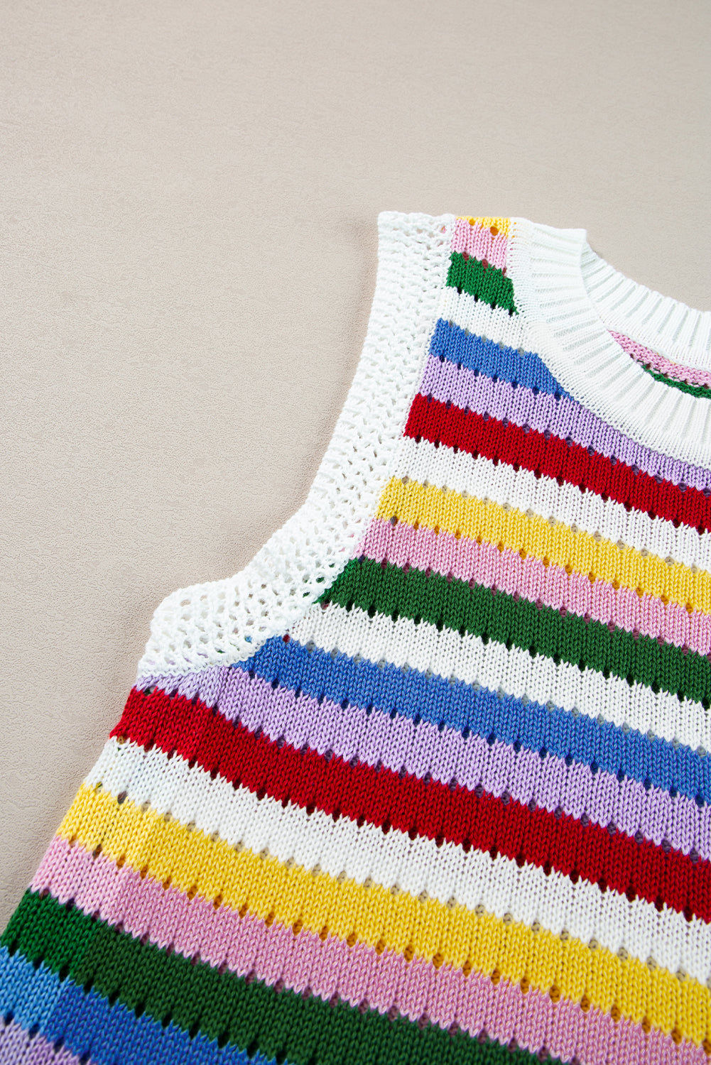 Multicolour Striped Knitted Eyelet Slim Sweater Vest-Sweaters & Cardigans/Sweater Vests-[Adult]-[Female]-2022 Online Blue Zone Planet