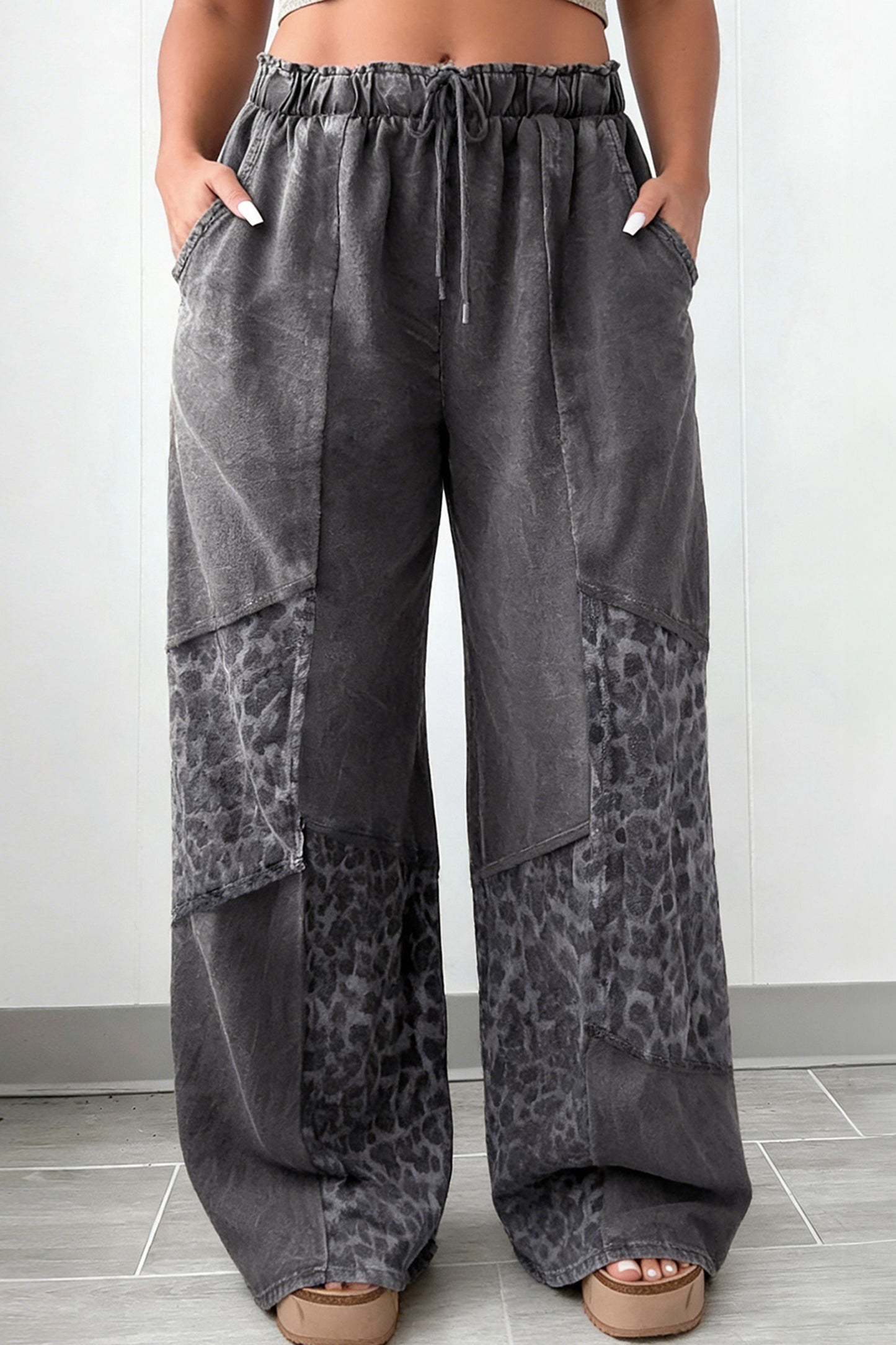 Dark Grey Plus Size Leopard Patchwork Mineral Wash Wide Leg Pants-Plus Size/Plus Size Bottoms-[Adult]-[Female]-Dark Grey-1X-2022 Online Blue Zone Planet