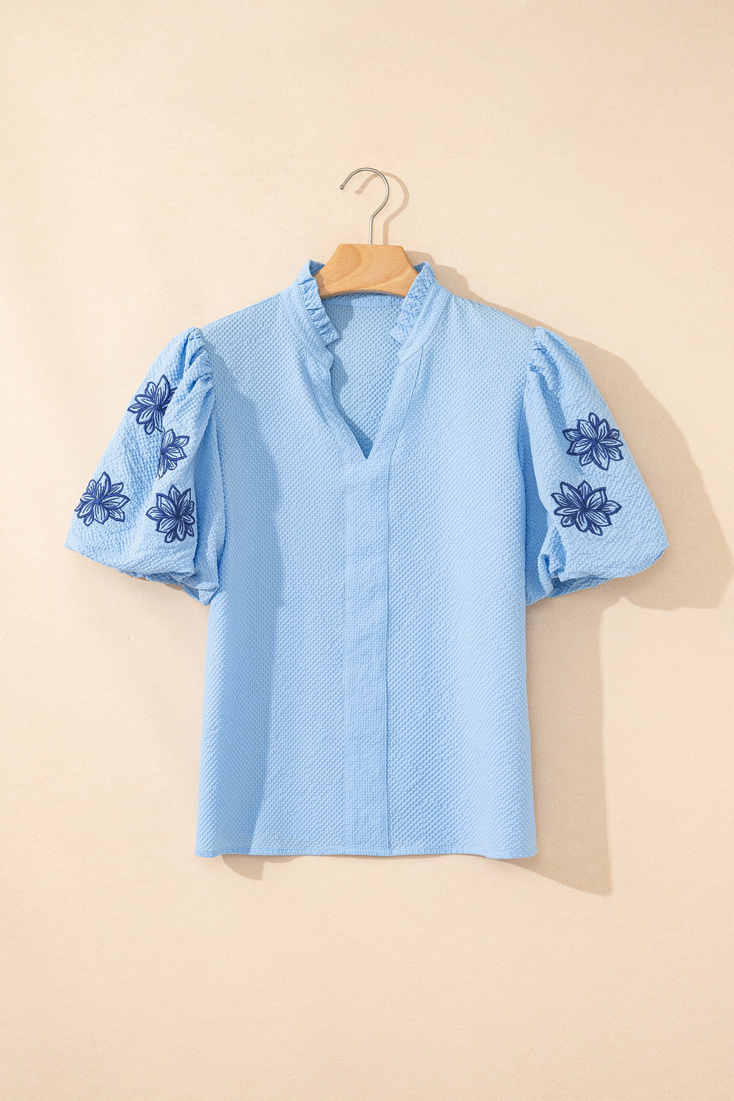Beau Blue Flower Embroidered Puff Sleeve Split Neck Textured Blouse-Tops/Blouses & Shirts-[Adult]-[Female]-2022 Online Blue Zone Planet