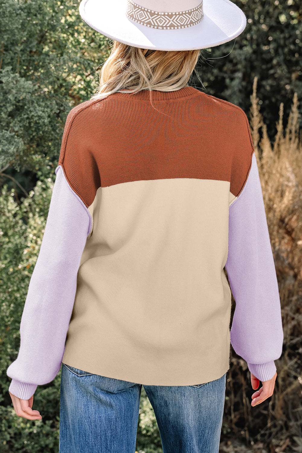 Khaki Color Block Plain Ribbed Knit Baggy Sweater-TOPS / DRESSES-[Adult]-[Female]-2022 Online Blue Zone Planet