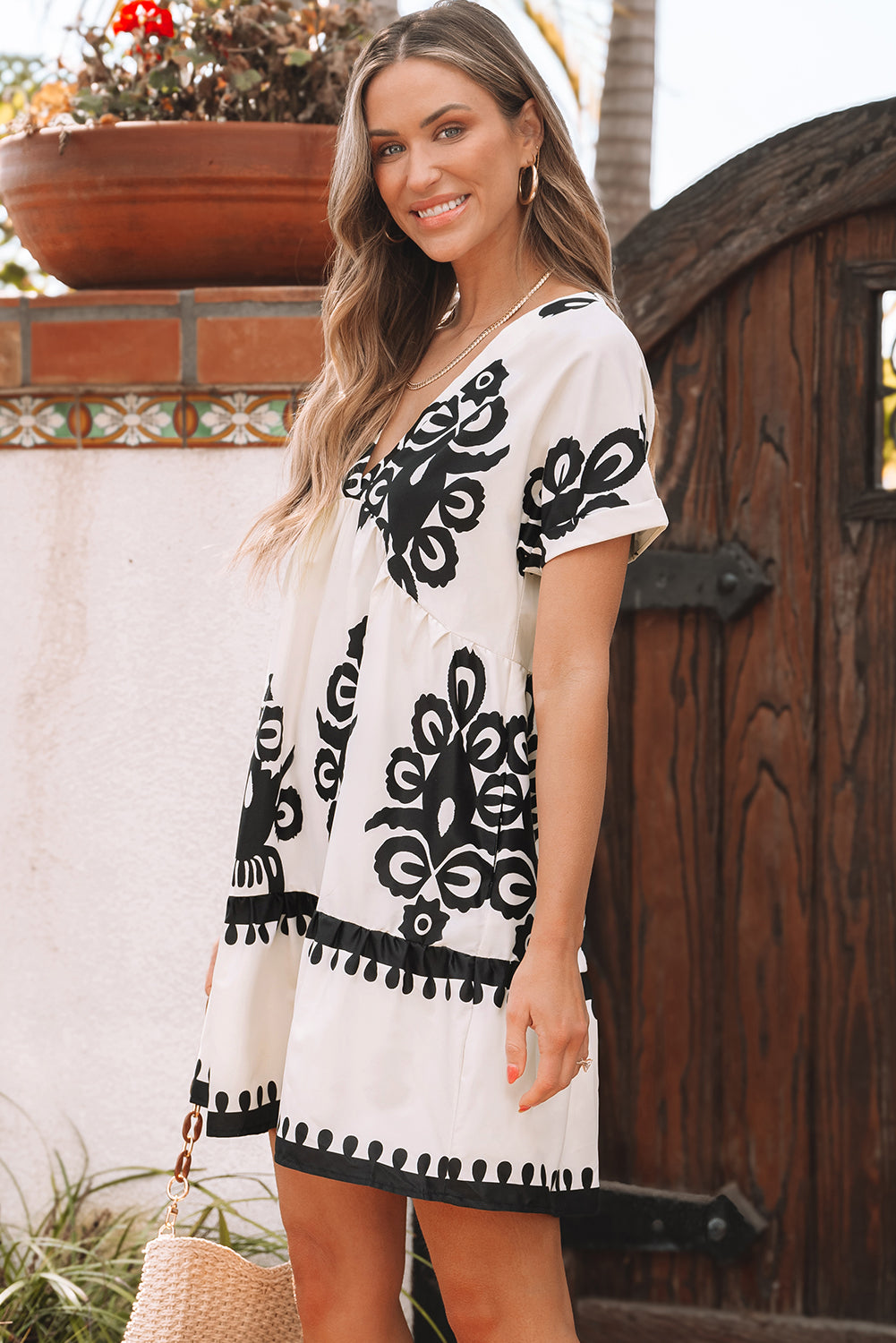 Black Vintage Print V Neck High Waist Short Sleeve Dress-Dresses/Mini Dresses-[Adult]-[Female]-2022 Online Blue Zone Planet