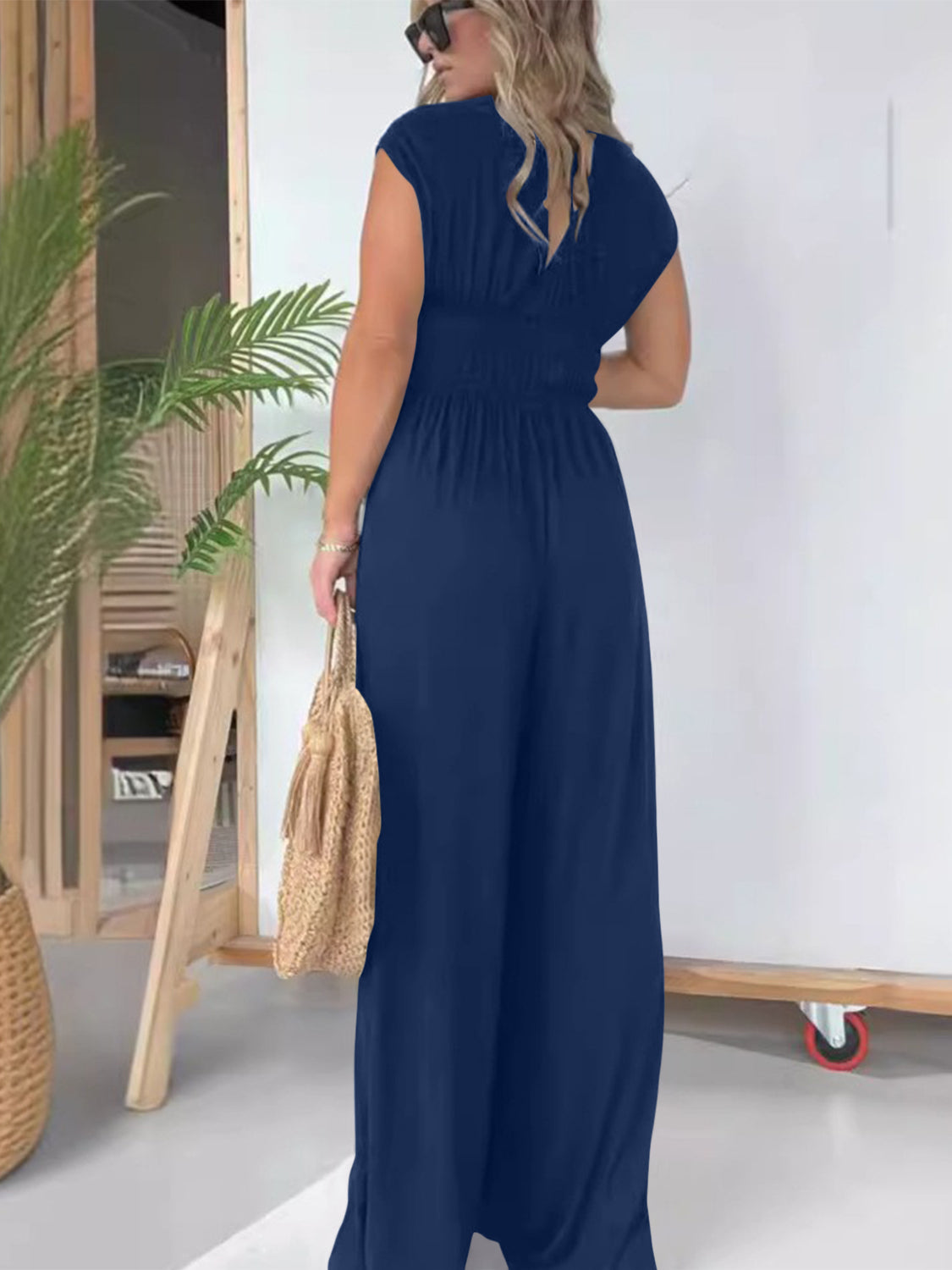 Smocked Cap Sleeve Wide Leg Jumpsuit-TOPS / DRESSES-[Adult]-[Female]-2022 Online Blue Zone Planet