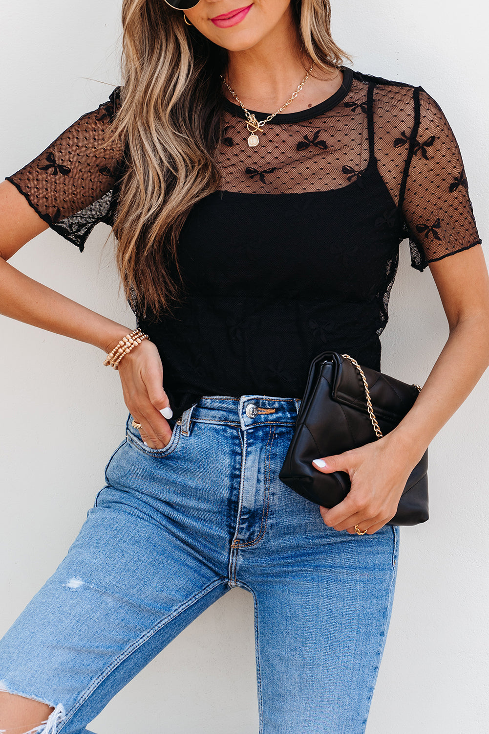 Black Bow Knot Dotted See-Through Mesh Patched Slim Fit Blouse-Tops/Blouses & Shirts-[Adult]-[Female]-2022 Online Blue Zone Planet