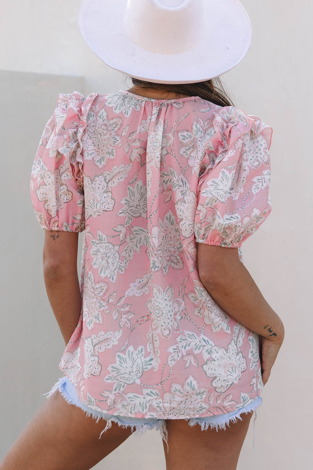 Pink Floral Print Drawstring V Neck Puff Sleeve Loose Blouse-Tops/Blouses & Shirts-[Adult]-[Female]-2022 Online Blue Zone Planet