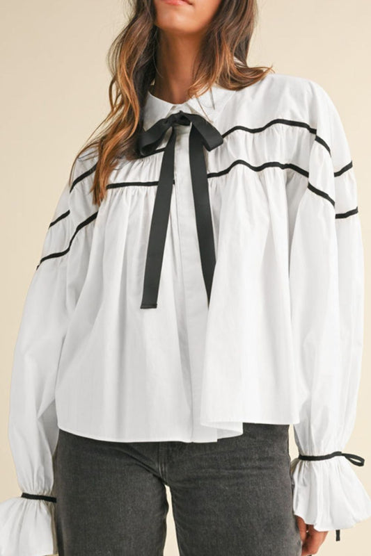 Ribbon Bowtie Collared Neck Flounce Sleeve Shirt-TOPS / DRESSES-[Adult]-[Female]-White-S-2022 Online Blue Zone Planet