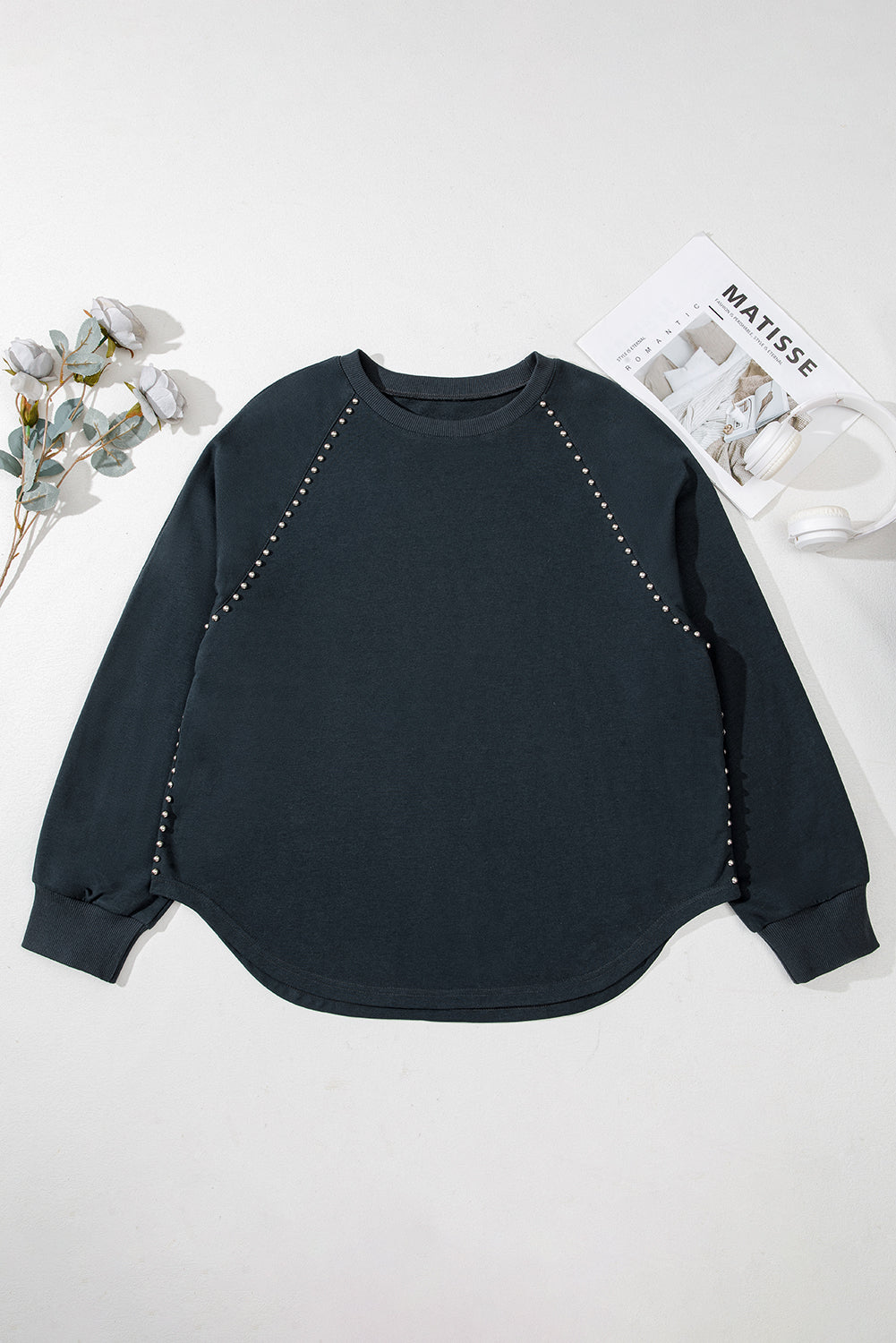 Black Studded Decor Ribbed Edge Mineral Wash Plus Size Jumper-Plus Size/Plus Size Tops/Plus Size Long Sleeve Tops-[Adult]-[Female]-2022 Online Blue Zone Planet