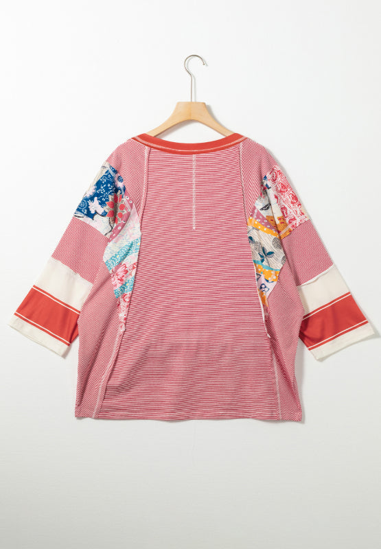 Striped Floral Patchwork Round Neck Top-TOPS / DRESSES-[Adult]-[Female]-2022 Online Blue Zone Planet