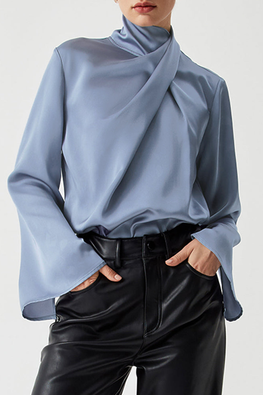 Ivy Asymmetric Pleated Turtleneck Bell Sleeve Blouse-Tops/Blouses & Shirts-[Adult]-[Female]-Ivy-S-2022 Online Blue Zone Planet