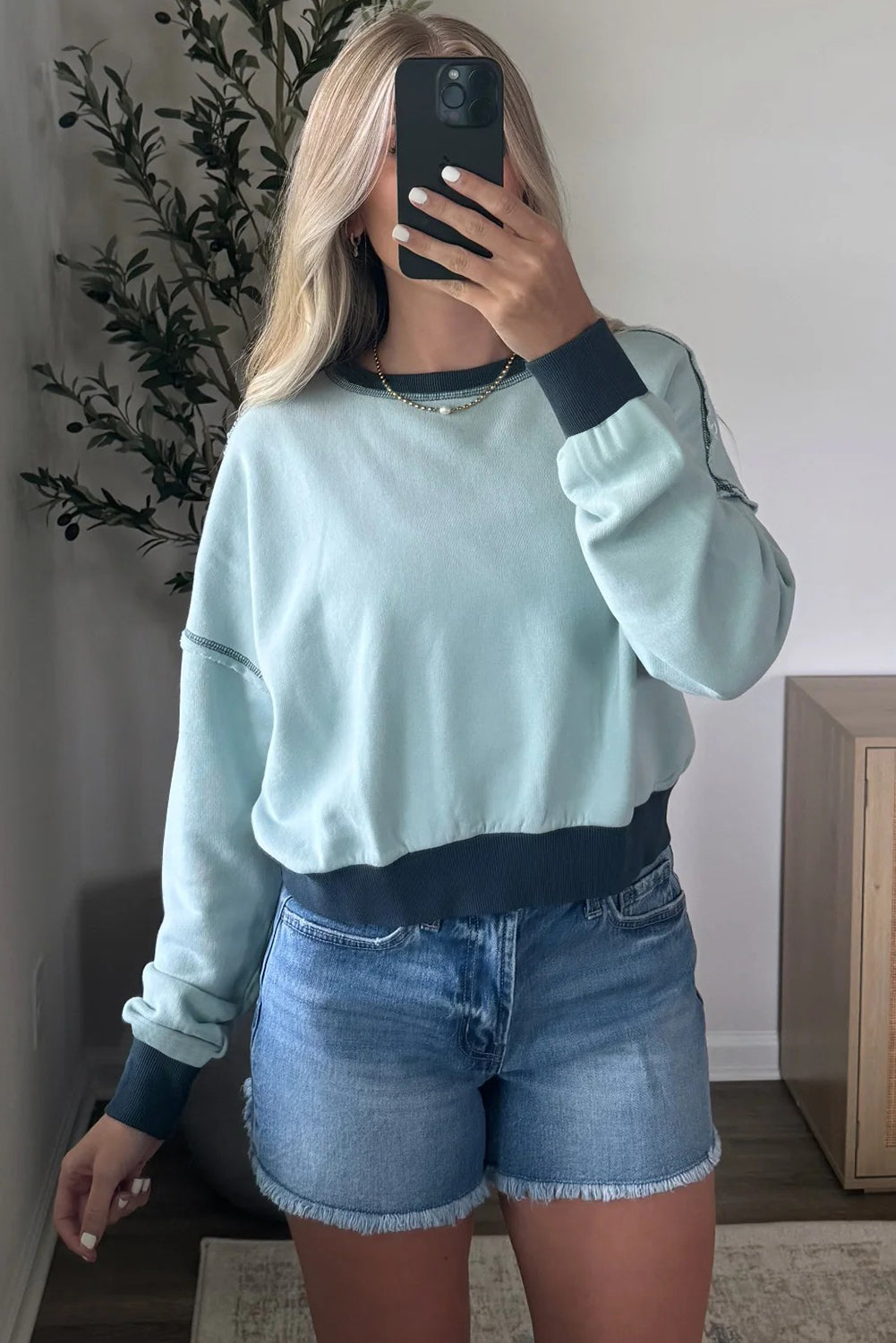 Iceland Blue Contrast Edge Colorblock Patchwork Crop Sweatshirt-Tops/Sweatshirts & Hoodies-[Adult]-[Female]-2022 Online Blue Zone Planet