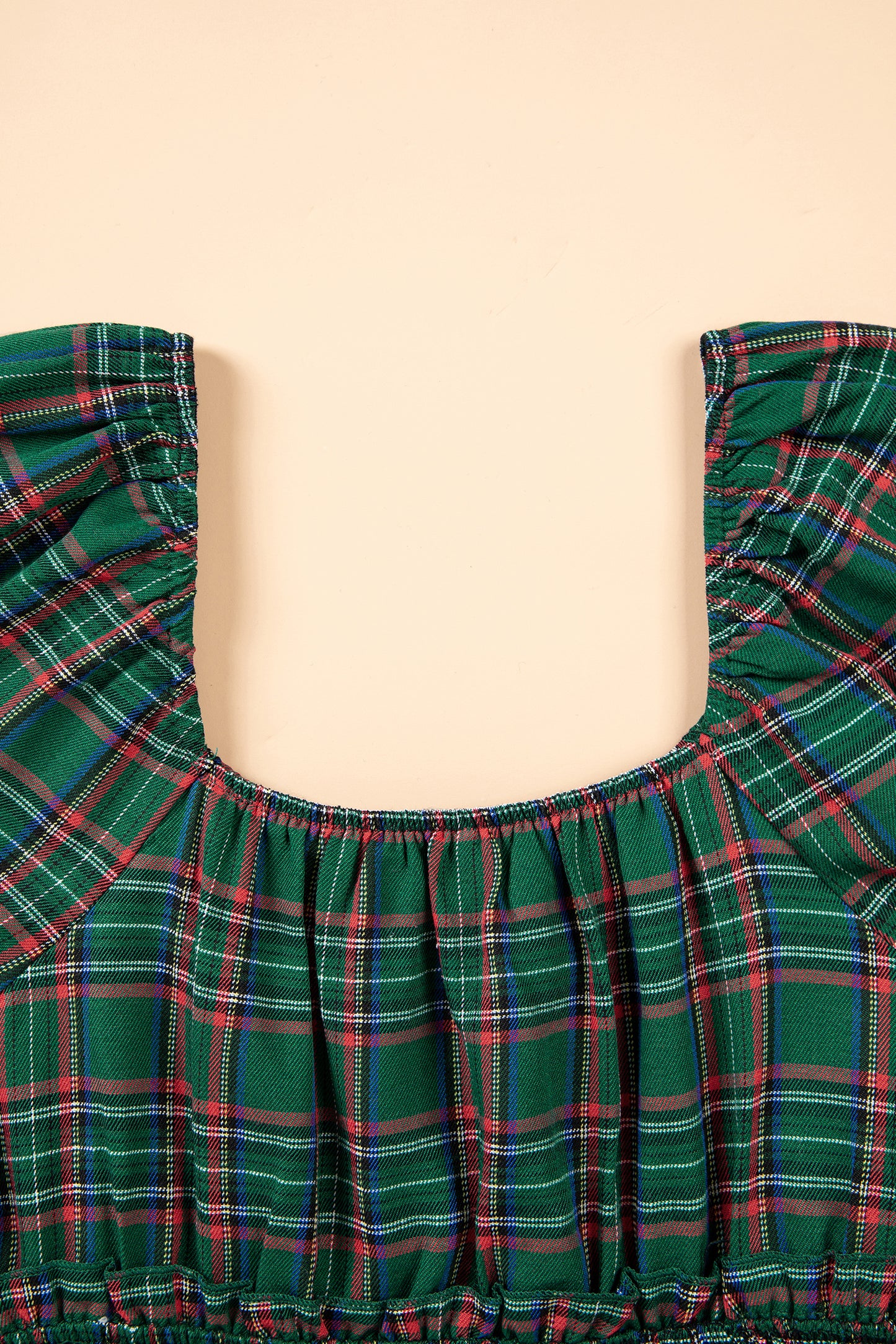 Green Plaid Shirred U Neck Short Sleeve Mini Dress-TOPS / DRESSES-[Adult]-[Female]-2022 Online Blue Zone Planet