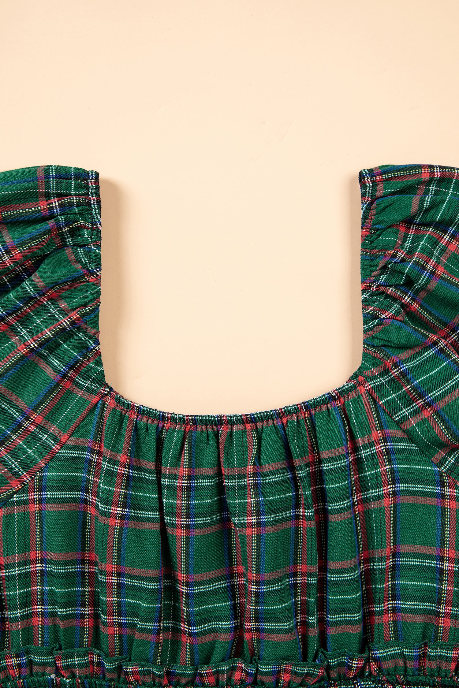 Green Plaid Shirred U Neck Short Sleeve Mini Dress-TOPS / DRESSES-[Adult]-[Female]-2022 Online Blue Zone Planet
