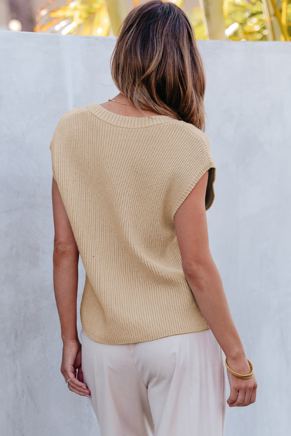 Apricot Chest Pocket V Neck Ribbed Cap Sleeve Sweater-TOPS / DRESSES-[Adult]-[Female]-2022 Online Blue Zone Planet